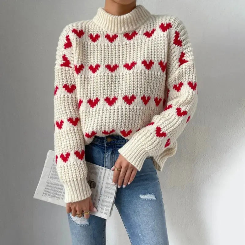 Louna | Pull Motif Cœurs en Maille Épais